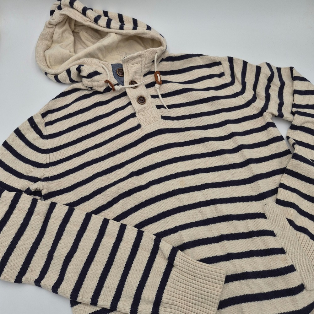 H&M LOGG Mens Medium Striped Knit Hoodie Henley Sweater Navy Cream Cotton